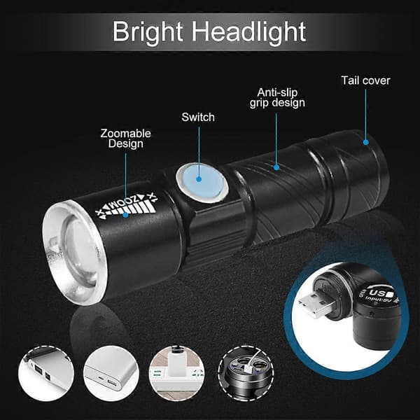 LED Sykkel Hodelykt Frontlys Lommelykt 360 Graders Festeholder White Light