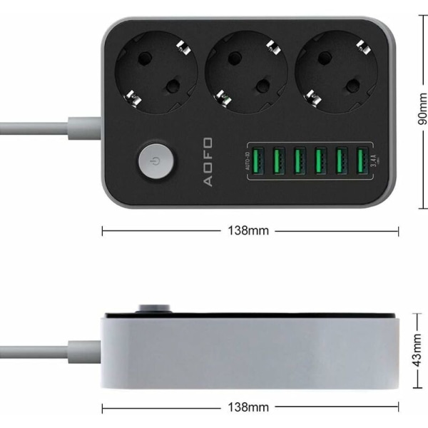 Adapter för fleruttag 3 omkopplingsbara fack med 6 USB (5V/3.4A, 17W), omkopplingsbart barnskydd med flera uttag Adapteruttag