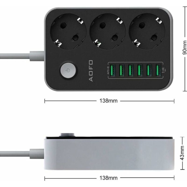 Monitoiminen pistorasia-adapteri 3 kytkettävällä osastolla ja 6 USB:llä (5V/3.4A, 17W), kytkettävä monitoiminen pistorasia lapsilukolla