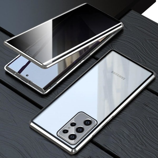 Magneettinen suojakotelo Samsung Galaxy S23 Ultralle, Anti Peeping -kotelo kaksipuolisella karkaistulla lasilla, suojaava läppäkansi 360 asteen kokovartalosuojalla M silver