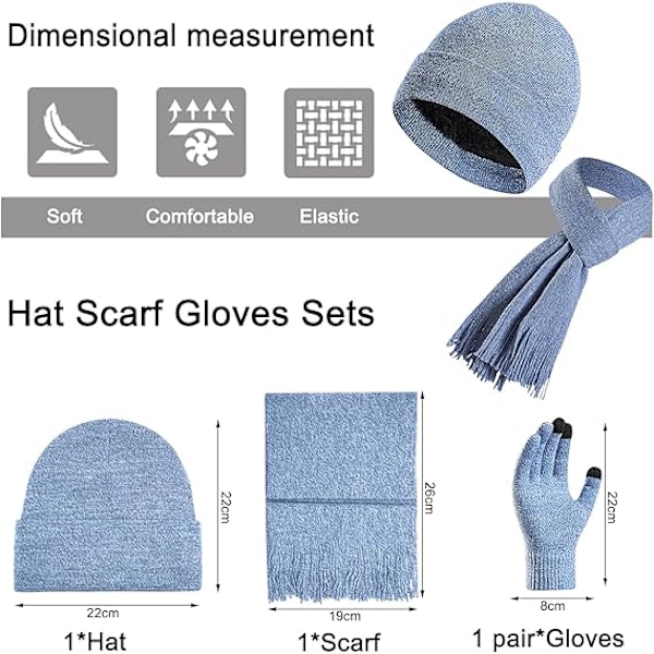 Vinter Unisex Beanie Hatt, Skjerf og Hansker Sett, Elastisk Strikket Hatt Langt Skjerf Berøringsskjermhansker Med Tykk Fleece Innerfôr for Menn og Kvinner Light Blue