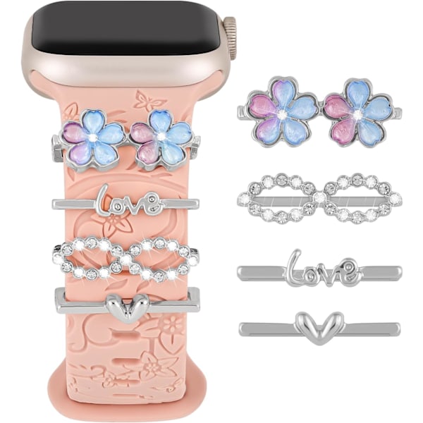 1 sett med charms til Apple Watch-stropper for kvinner, dekorative ringer for iWatch-serier, charms-tilbehør til silikonestropper Silver Love