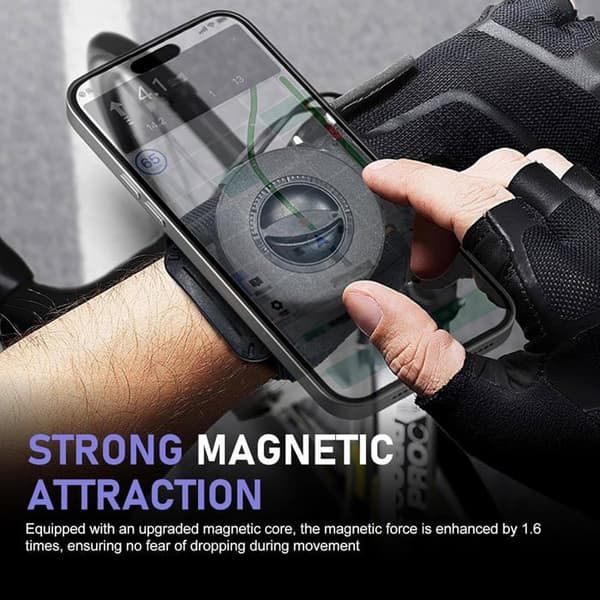 Magnetisk armbånd til telefon, løb, sport, justerbart, håndfrit, cykling, vandring, selfie, video, streaming, sort