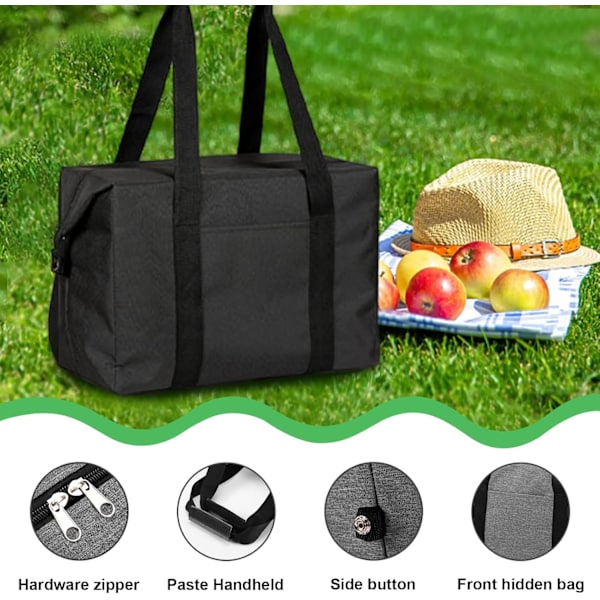 Isolerad shoppingväska Svart picknickväska Mjuk kylväska Fällbar kylväska Isolerad matväska med hårt foder Stor kapacitet Lunchväska för camping