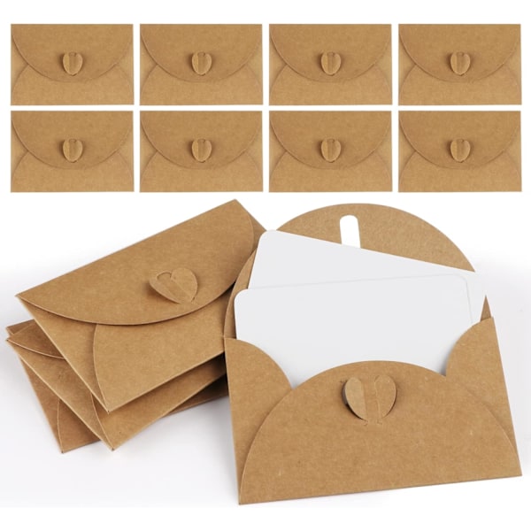 25 Mini Konvolutter med Kort Vintage Mini Kraftpapir Konvolutter Blanke Kort Små Brevkonvolutter med Hjertelukking for Gave DIY Takkekort