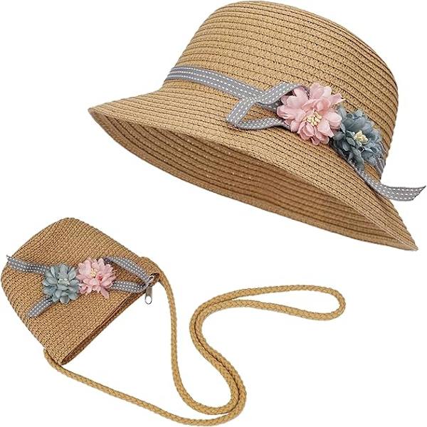 Solhatt Sommar Strand Halmhattar och Mini Söt Väska Set med Blommor Dekoration för Semester Utomhusaktiviteter Khaki