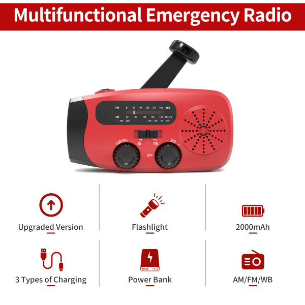 Kampikäyttöinen radio aurinkokennoilla, taskulampulla ja 2000mAh:n virtapankilla