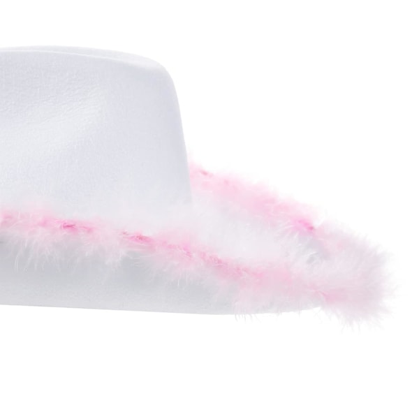 Cowboyhatter for kvinner med fluffy fjærkant - Cowgirl-hatt for jenter, kostymefest, rollespill White + Pink