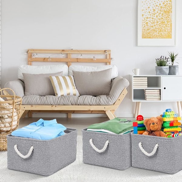 Oppbevaringskurv for hyller, oppbevaringsbokser med håndtak, store oppbevaringsbeholdere i stoff for organisering av hjem og kontor, hvit og grå Full/Grey 15inch