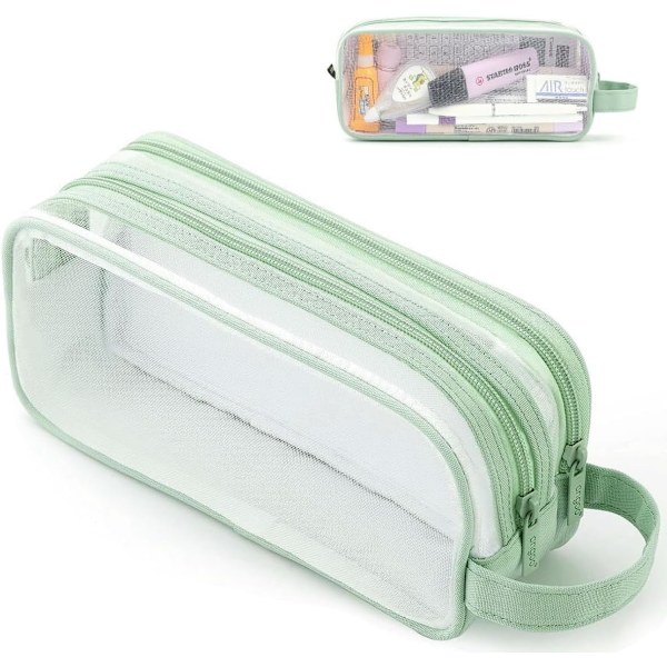 Verkkokynäkotelo, Suuri Läpinäkyvä Kynäkotelo 2 Lokerolla ja Vetoketjulla, Selkeä Kynäkotelo Tarvikkeille Kouluun, Kotiin, Toimistoon, Kokeisiin Lightgreen