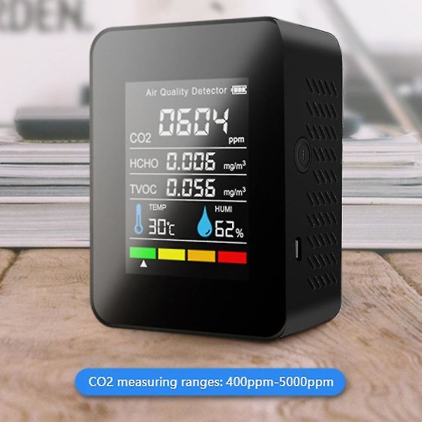 Hushållsluftkvalitetsdetektor Multifunktionell Co2-testare med koldioxid Tvoc Hcho Värde Elektricitet Kvantitet Temperatur med larmfunktion