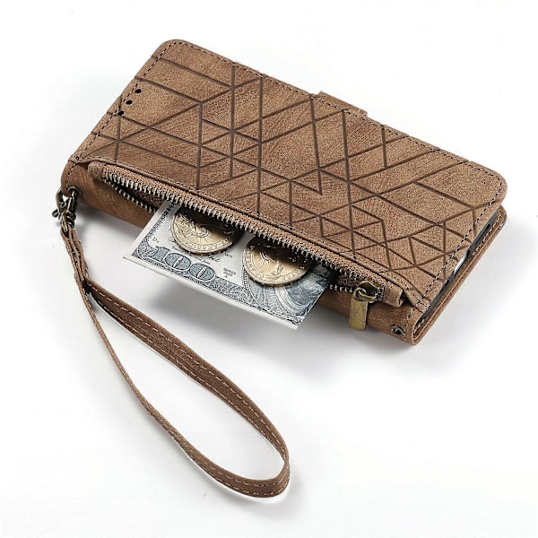 Etui med glidelås og geometriske linjer i lær til TCL 50 Pro NxtPaper 5G - Brun Multicolor Brown