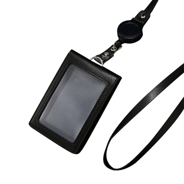 Korthållare i läder med transparent fönster, kortskydd, badgehållare med dragsko Black lychee