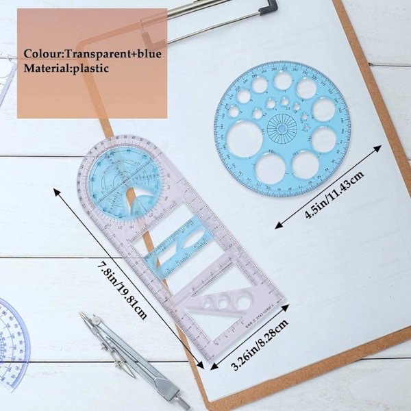 2 stk. Multifunktionel Geometrisk Lineal Plast Cirkel Tegneværktøj Tegne Skabeloner Klar Grafisk Design Værktøjer