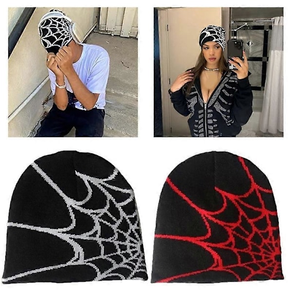 Y2k Lue Spider Web Hatt Y2k Strikket Lue Skullies Lue Spider Web Lue Baggy Slouchy Lue Skull Cap P