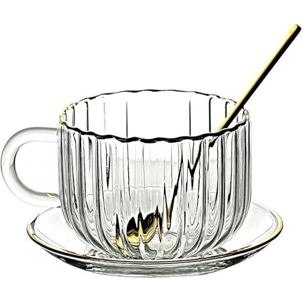 Glasskrus i form av et gresskar med underkopp og skje, 14,5 oz glass tekopp med gullkant