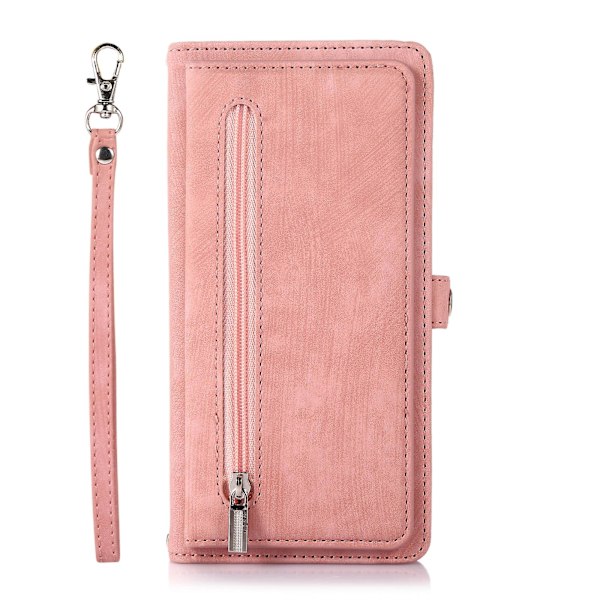 Mobilskal i läder med flera kortfack för iPhone 15 Pro Max Pink