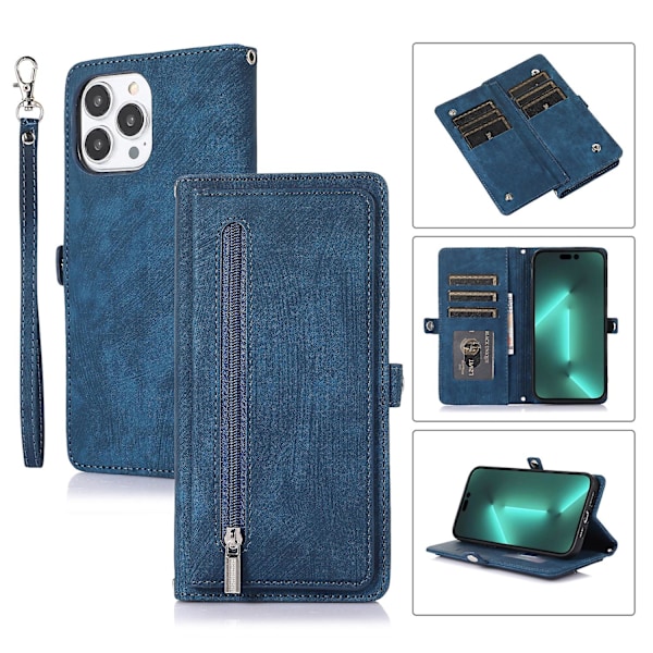 Mobilskal i läder med flera kortfack för iPhone 15 Pro Max Blue