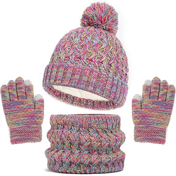 Vintermössa, Halsduk och Vantar Set för Barn, 3-Delar Stickad Varm Crochet Tjock Fluffig Halsduk Pom Pom Mössa Två Fingrar Touch Screen Vantar Set Iridescent