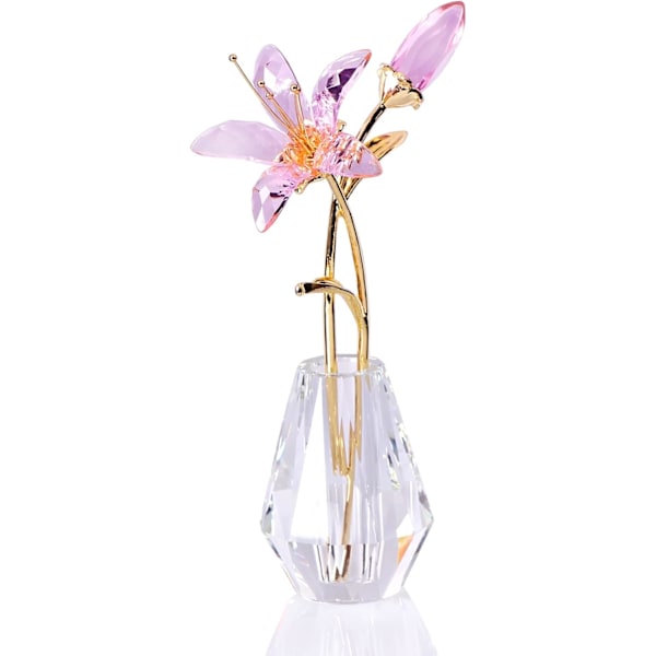Kristallblomma Figur Lily Blomma Samlarobjekt Present till Kvinnor, Glas Lilium med Kristallvas Metallstam för Hem Bröllopsfest Dekor Pink
