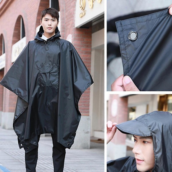 Regnkappa 3 i 1 Regnponcho Multifunktionell Regnrock Poncho Regnponcho Vuxen Vattentät Återanvändbar Black