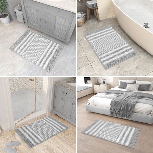 Badematte Teppe Ekstra Myk og Absorberende Fluffy Stripete Chenille, Sklisikker Lussete Badegulvmatte, Maskinvaskbar (40 x 60 cm) Grey