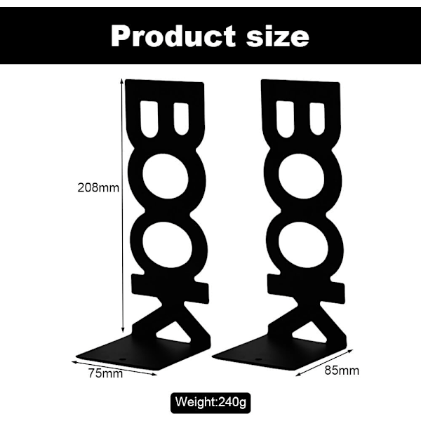 Kirjatuki, 2 Metallista Kirjatukea Lasten Kirjatukipidike Hyllyille Liukumaton Taide  \"Kirja \" Teline Kansioille ja Jakajille Black 2 pieces