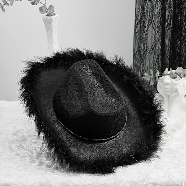 Cowboyhatte til Kvinder Plysset Fjederkant Cowgirl Hat til Polterabend, Kostumefest, Leg Klæd Dig Ud Black