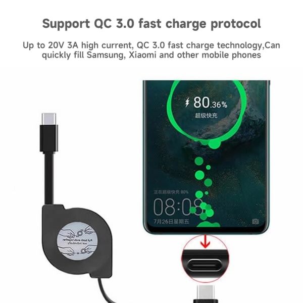 PD 60W USB C Udtrækkeligt Datakabel, til Macbook Hurtig Opladningskabel til Type C Mobiltelefon Switch