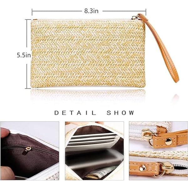 Dame Straw Clutch Taske Bohemian Sommer Strandtasker Vævet Håndtaske Kvinder Håndtaske Pung Lynlås Wristlet Taske Straw Clutch Pung Straw Håndtaske Beige