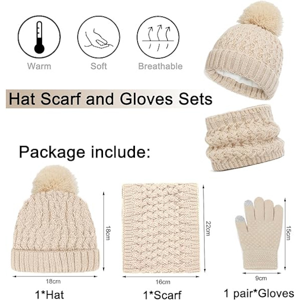 Vintermössa, Halsduk och Vantar Set för Barn, 3-Delar Stickad Varm Crochet Tjock Fluffig Halsduk Pom Pom Mössa Två Fingrar Touch Screen Vantar Set Beige