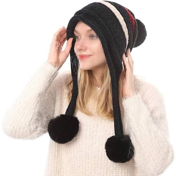 Strikket lue med pompom-øreklaffer Vinter for kvinner Red