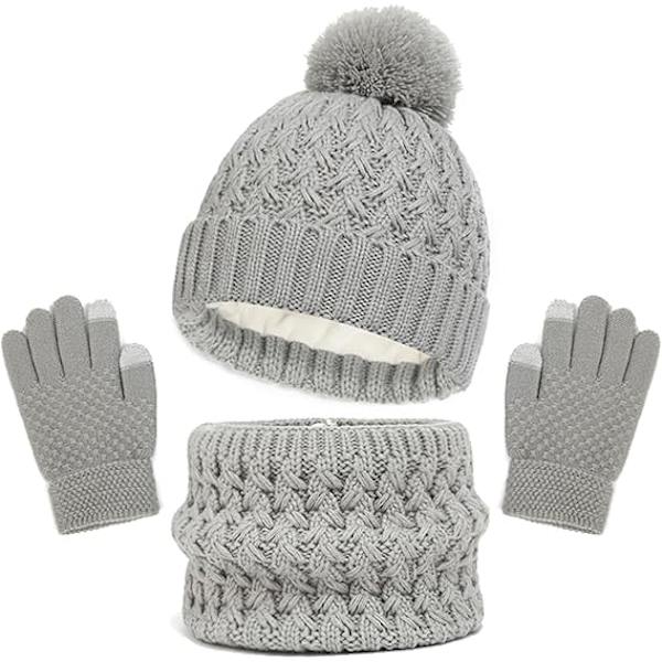 Vintermössa, Halsduk och Vantar Set för Barn, 3-Delar Stickad Varm Crochet Tjock Fluffig Halsduk Pom Pom Mössa Två Fingrar Touch Screen Vantar Set Grey