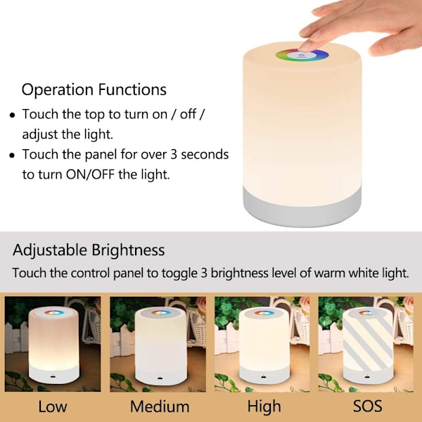 LED Natlampe, Smart Sengelampe, Justerbar Kontrol, USB Genopladelig, Bærbar, til Børn, Soveværelse