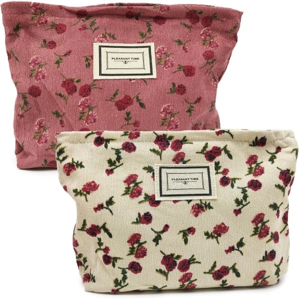 2-pack kosmetiska väskor i canvas, blommig sminkväska, rosblommig tryckt manchester necessär, portabel kosmetikväska, förvaringsorganisatör för toalettartiklar