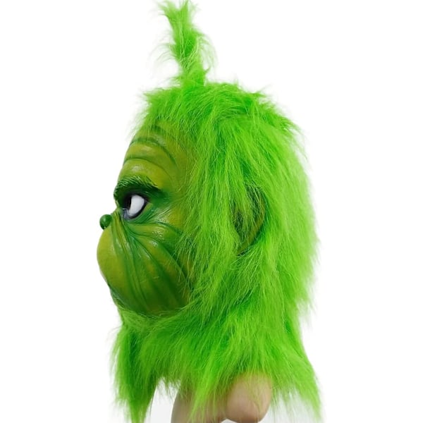 Kostumemaske med grøn pels til jule-cosplayfest, latexrekvisitter, grøn monstermaske, søde grønne rekvisitter til have- og terrassefest, grøn