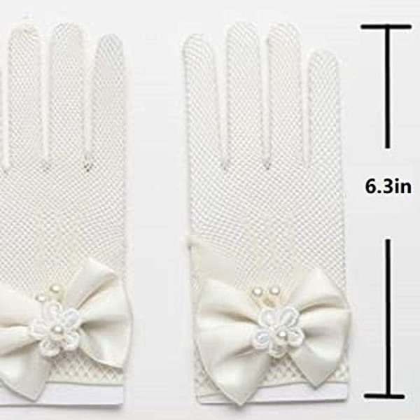 Blomsterflickans handskar, Barnprinsessklänning nät rosett handskar, Scenframträdande bröllop blomsterflicka ren rosa tunna handskar