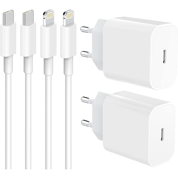 (2x) iPhone hurtiglader USB-C strømforsyning 20W + Kabel Hvid - (1 Meter)