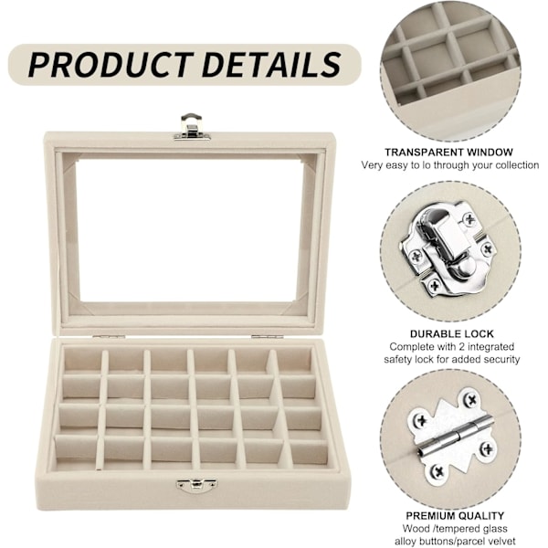 Fløjls Smykkeæske Smykke Organiser til Ring Øreringe Halskæde Smykke Display Æske Opbevaringsæske Smykke Showcase med Låg til Kvinder Pige Beige
