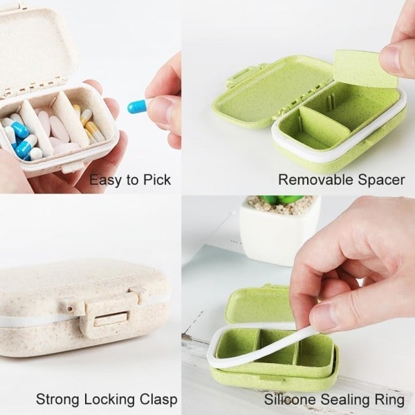 2-pack liten pillerask med 3 fack, daglig pillerask för fickan, rese-pillerask, portabel pillerbehållare Green