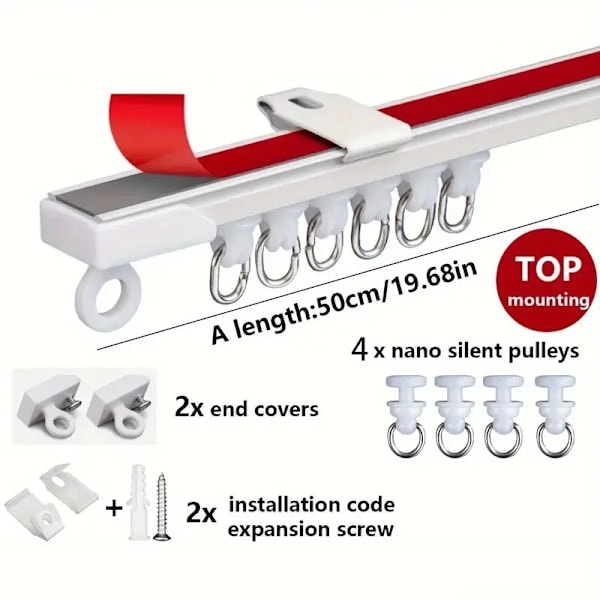 Selvklebende eller perforert gardinstang med dobbel funksjon for tak- eller veggmontering, Nano stille gardinskinne for gardiner og skap Wall installation 500cm