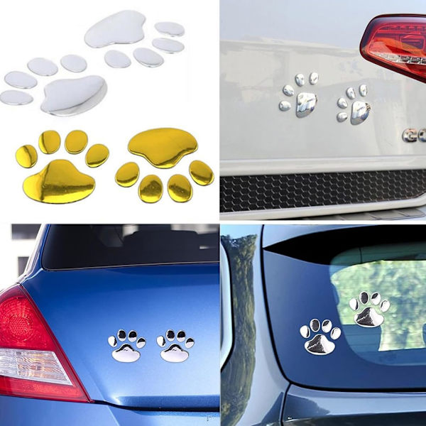 3D Krom Kattepote Aftryk Sticker, 4 Par 3D Krom Bogstaver Bilsticker, Dyrepote Hund Kattepote Aftryk Sticker, til Dekal Auto Bil Dekoration