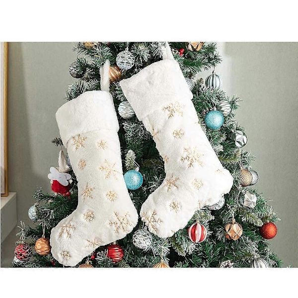 2 par Gull Julestrømper Fuskepels Gull Stor Snøfnugg Julestrømpe for Juletrepynt Ornamenter - Gull