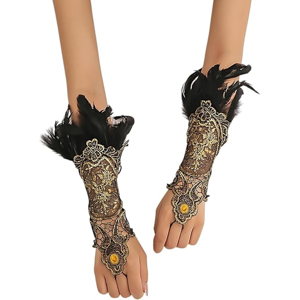 1 Par Sorte Fjerhandsker, Lange Fingerløse Blonderhandsker, Festkjole Fjerhandsker, Halloween Kostume Armbånd