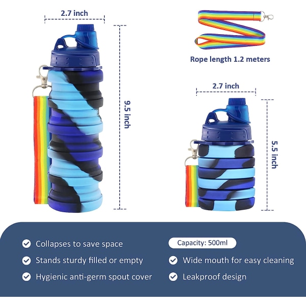 Silikon Vandflaske til Børn, 500 ml Bærbar Sammenklappelig Vandflaske, Lækagesikker Silikon Drikkflaske med Snorebånd til Piger og Drenge Blue