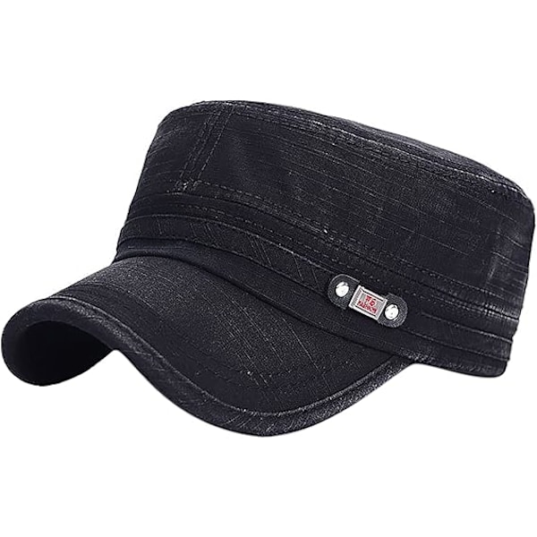 Unisex Cadet Hærhat Justerbar Flad Top Hat Vasket Bomuld Militær Hat Baseball Hat Black
