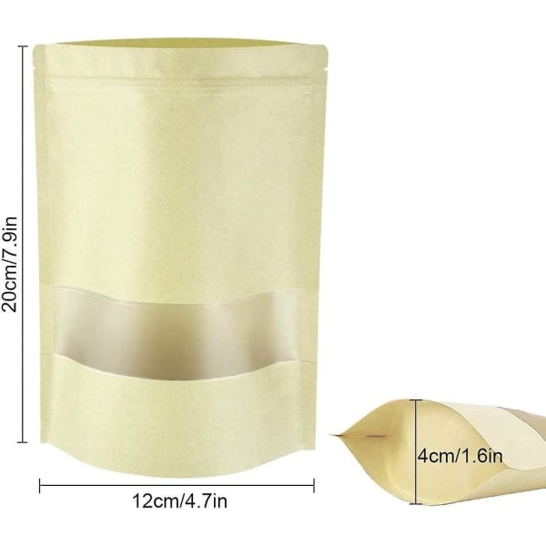 100 stk. transparente vindus Kraft-papirposer med glidelås, gjenbrukbare stående poser for mat, te, kaffe, tørket frukt (12x20cm)