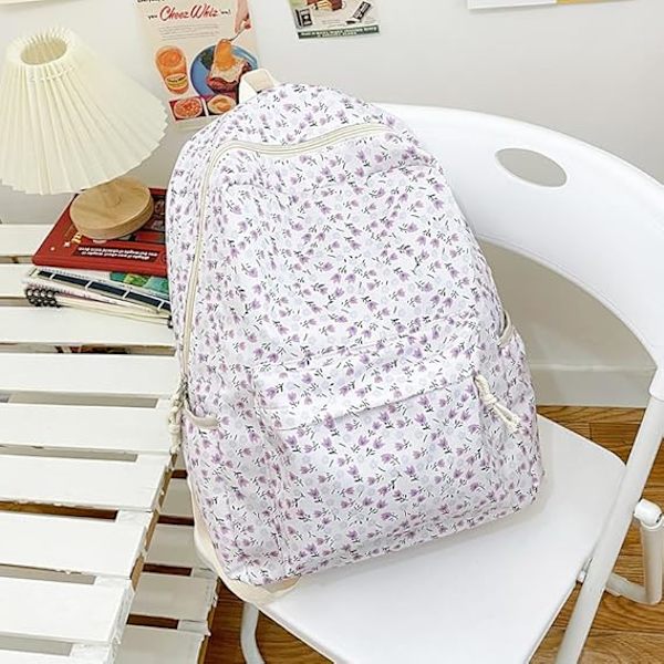 Söt Ryggsäck Estetisk Skolryggsäck - Kawaii Skolväska Blommig Preppy Ryggsäck för Skolflickor Skolväska