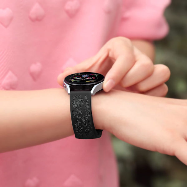 Auringonkukka-kaiverrettu ranneke Samsung Galaxy Watch 7 6 5 4 40mm 44mm naisille, 20mm pehmeä silikoniranneke Galaxy Watchille Black