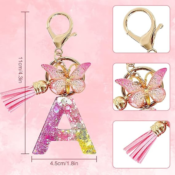 Alfabetet nøglering ringe Pink Cute nøglering med sommerfugl kvast vedhæng indledende bogstaver A